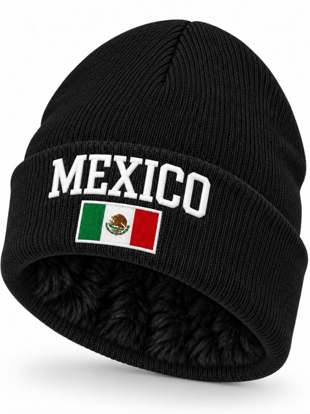 Winter Beanie Hat Embroidered, Mexico, Skull Cap Warm Lined, Black